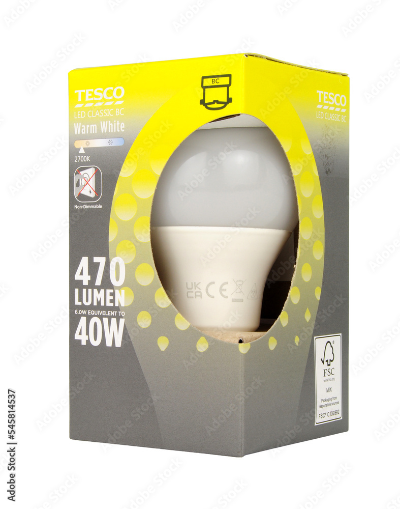 Tesco supermarket own brand 40w 470 lumen LED light bulb with a