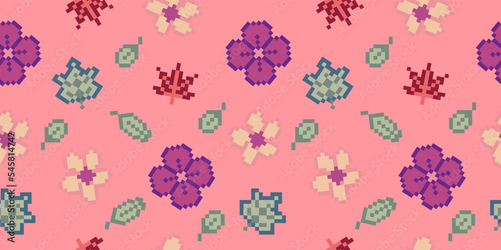 Pixel flower seamless background vector illustration for video game asset
