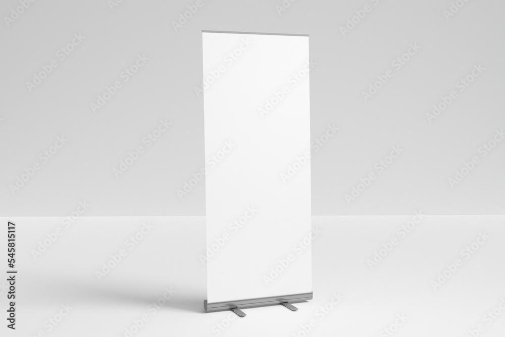 Blank white roll-up banner display mockup, isolated, 3d rendering. Blank white roll-up banner display mockup, isolated, 3d rendering.