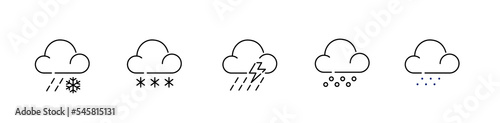 Set of precipitation icons. Snow, rain, shower, storm. Pixel perfect, editable stroke icons