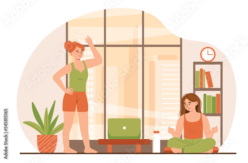 Online yoga classes. Women sit in lotus position next to laptop. Modern technologies and digital world. Active lifestyle and sports, fitness. Poster or banner. Cartoon flat vector illustration
