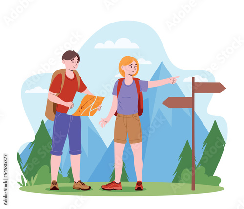 Tourists looking location. Man and woman with map near road. Travel, trip and adventure, active lifestyle. Hiking and camping in forest. Poster or banner for website. Cartoon flat vector illustration