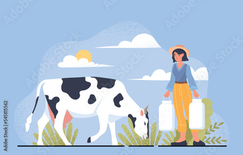 Agricultural worker concept. Woman with two white cans next to cow, farmer collects milk. Countryside, rural landscape and village. Smiling character with animal. Cartoon flat vector illustration