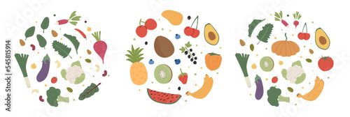 Set of organic vegetables and fruits in round circle. Collection of fresh local farm veggies and berries. Healthy vegetarian food poster. Flat vector illustration of autumn and tropical summer harvest