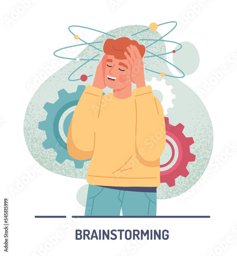 Creative thinking and brainstorming. Man takes revenge and holds his hands on his head, young guy trying to solve problem and task. Poster or banner for website. Cartoon flat vector illustration