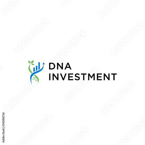 Modern DNA growth investment logo design with green arrow and genetic spiral icon for financial health biotech pharmaceutical company research medical vector concept template illustration