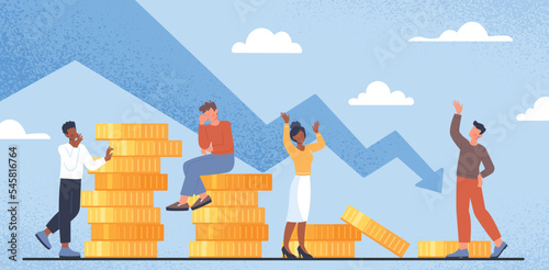Financial crisis concept. Men and women next to money look at falling arrow. Bankruptcy and financial problems. Entrepreneurs and employees. Poster or banner. Cartoon flat vector illustration
