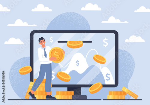 Investment or deposit. Man puts gold coins into monitor screen, banking transactions. Financial literacy and passive income, trading. Poster or banner for website. Cartoon flat vector illustration