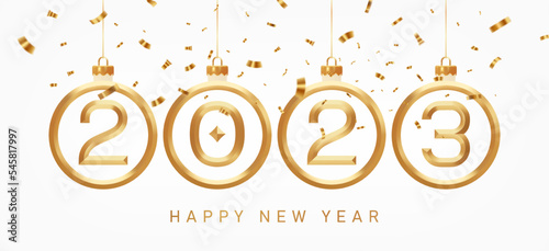 2023 3d Gold Numbers Inside Christmas Ornament Decoration. Illustration With Confetti For New Year Greeting Card.
