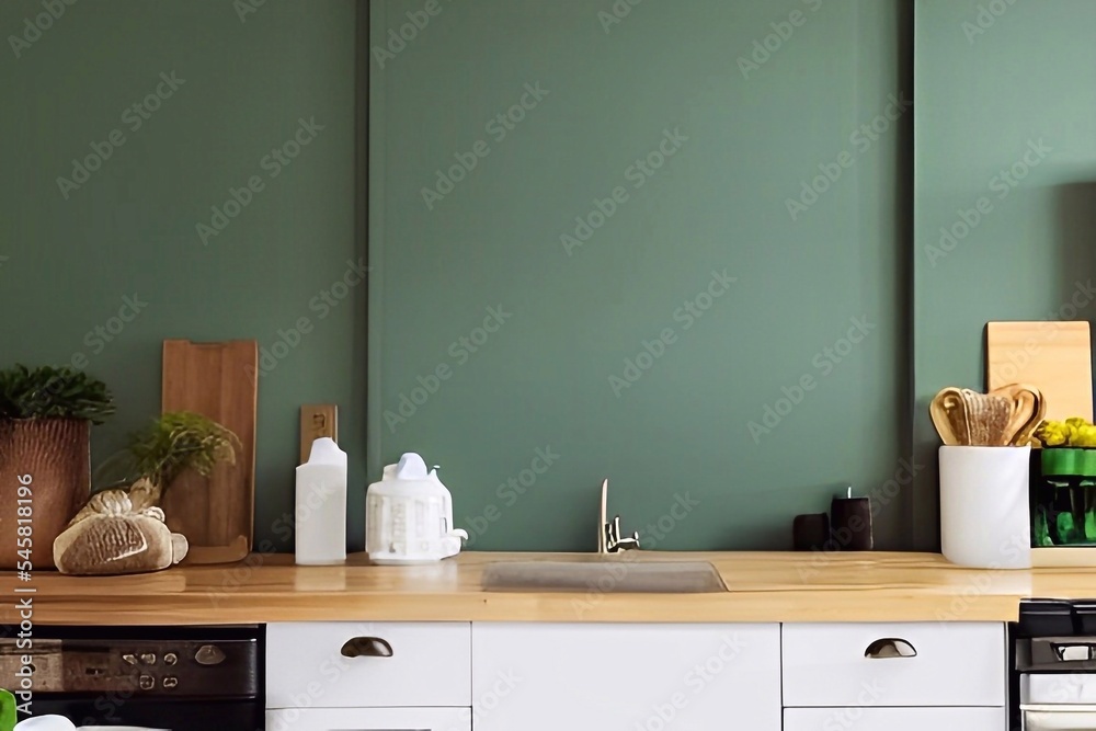 kitchen interior with green empty wall for mockup kitchen interior with green empty wall for mockup