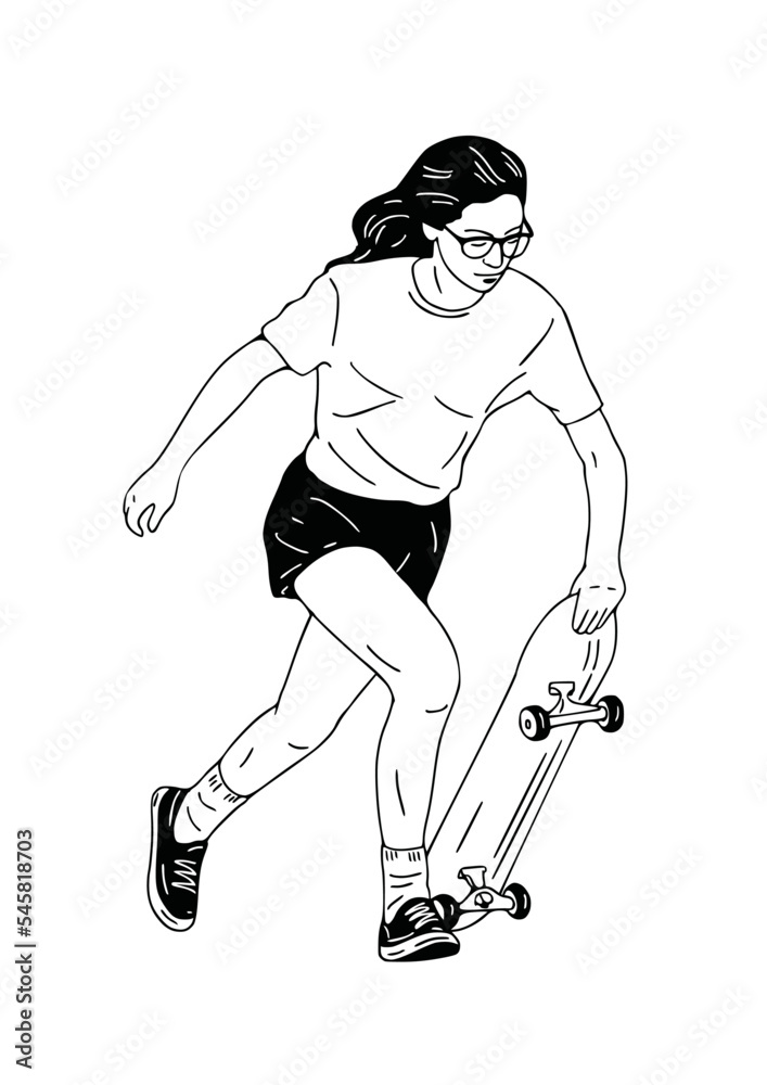 Fototapeta premium skateboarding woman hand drawn art illustration