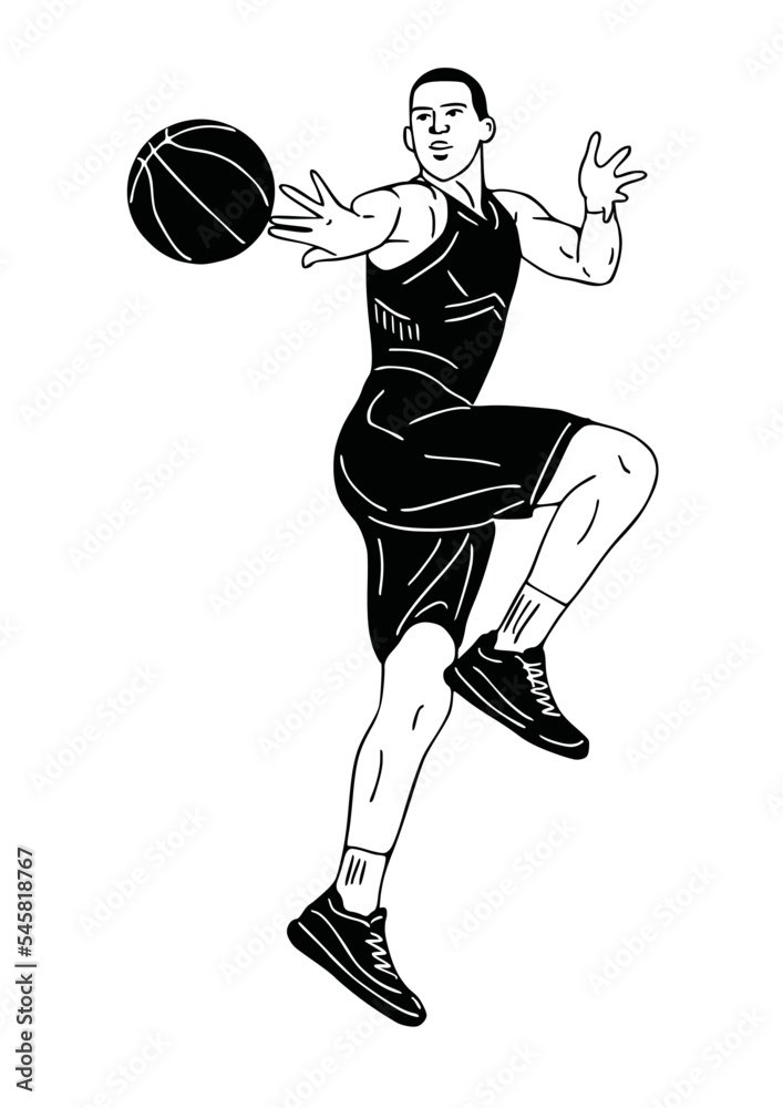 male basketball player playing basketball hand drawn art illustration