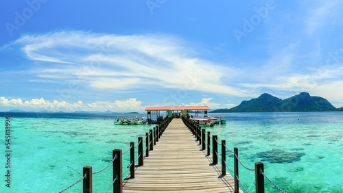 panorama view of corals reef and islands at the jetty of Bohey Dulang Island, Sabah, Malaysia.