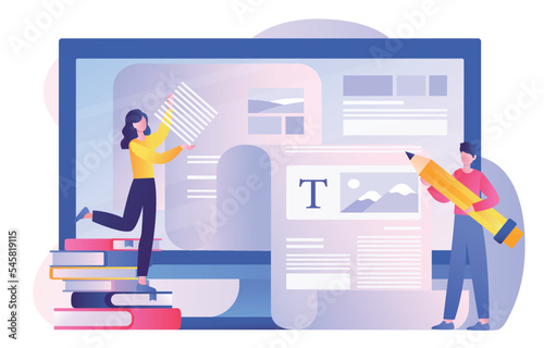 Copywriters at workplace. Colleagues and partners write articles, create content. Website promotion on Internet, creative persons. Freelancers and coworkers. Cartoon flat vector illustration