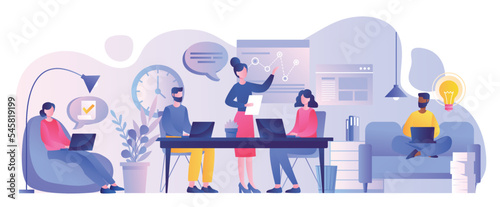 Coworking space concept. Men and women in workplace, partners and colleagues in office. Organization of effective workflow. Characters working on joint project. Cartoon flat vector illustration