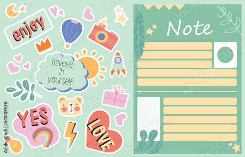 Doodle sticker notebook. Collection of graphic elements for creating design for textbooks and diary. Education and training, labels for boys and girls, to do list. Cartoon flat vector illustration
