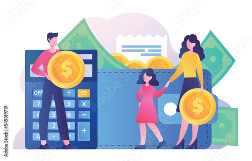 Family budget concept. Man and woman with coins in their hands against background of large wallet and calculator. Financial literacy and passive income metaphor. Cartoon flat vector illustration