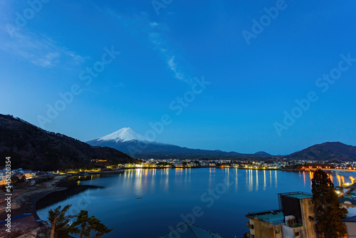 Night high angle view of the Mt. Fuji with cityscape