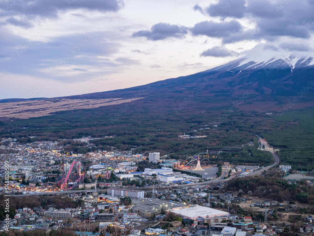 Afternoon high angle view of the Mt. Fuji with cityscape