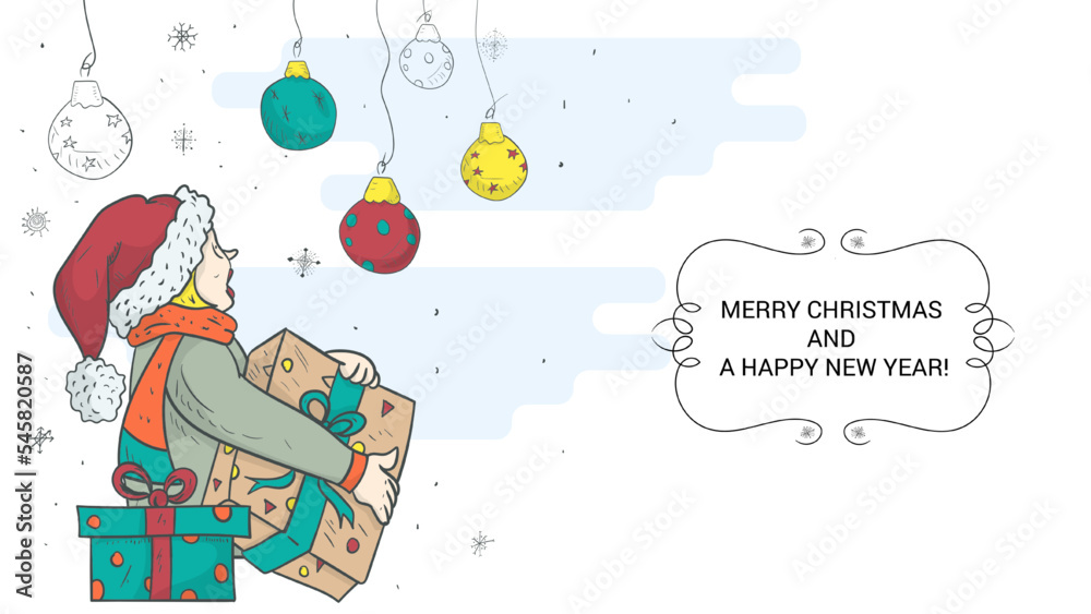 banner for the design of Christmas and New Years design in the style of childrens doodles A boy with a gift in his hands looks at Christmas balls banner for the design of Christmas and New Years design in the style of childrens doodles A boy with a gift in his hands looks at Christmas balls