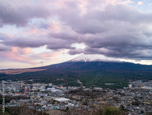 Afternoon high angle view of the Mt. Fuji with cityscape