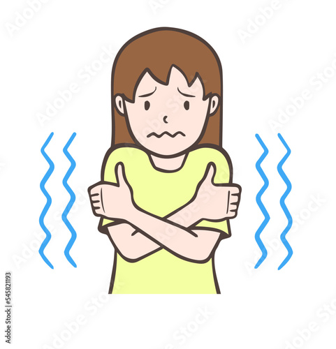 寒がっている女性、冷えてブルブル震えている人。