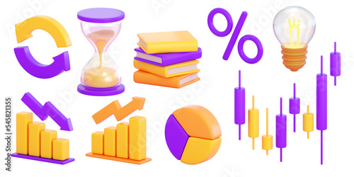 3d finance and business icons set.  Money, stock exchange, business investment, trading and finance concept. Realistic 3d high quality render