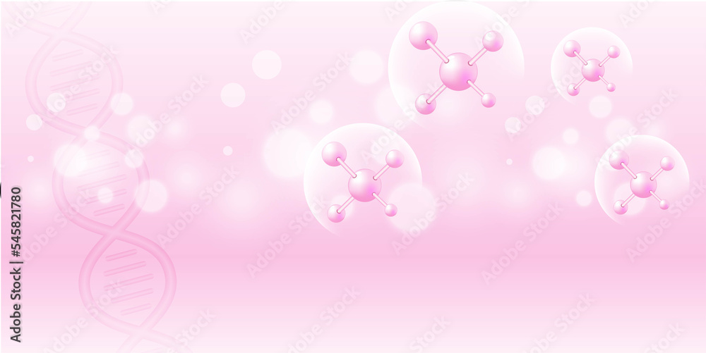 Cosmetic molecule pink background with 3d packaging vector illustration