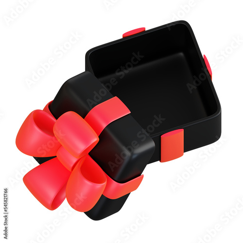 Realistic black gift box with red ribbon bow. Concept of abstract holiday, birthday, Christmas or Black Friday present or surprise. 3d high quality isolated render