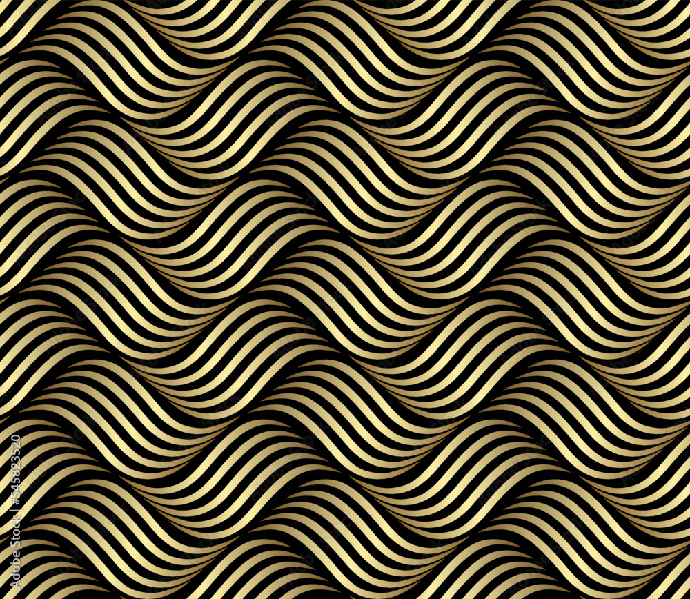 The geometric pattern with wavy lines. Seamless vector background. Gold and black texture. Simple lattice graphic design