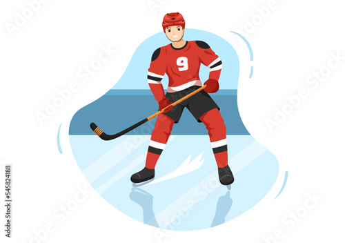 Ice Hockey Player Sport with Helmet, Stick, Puck and Skates in Ice Surface for Game or Championship in Flat Cartoon Hand Drawn Templates Illustration