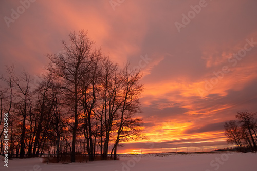 Colorful orange and purple sunset in canadian prairies in winter.