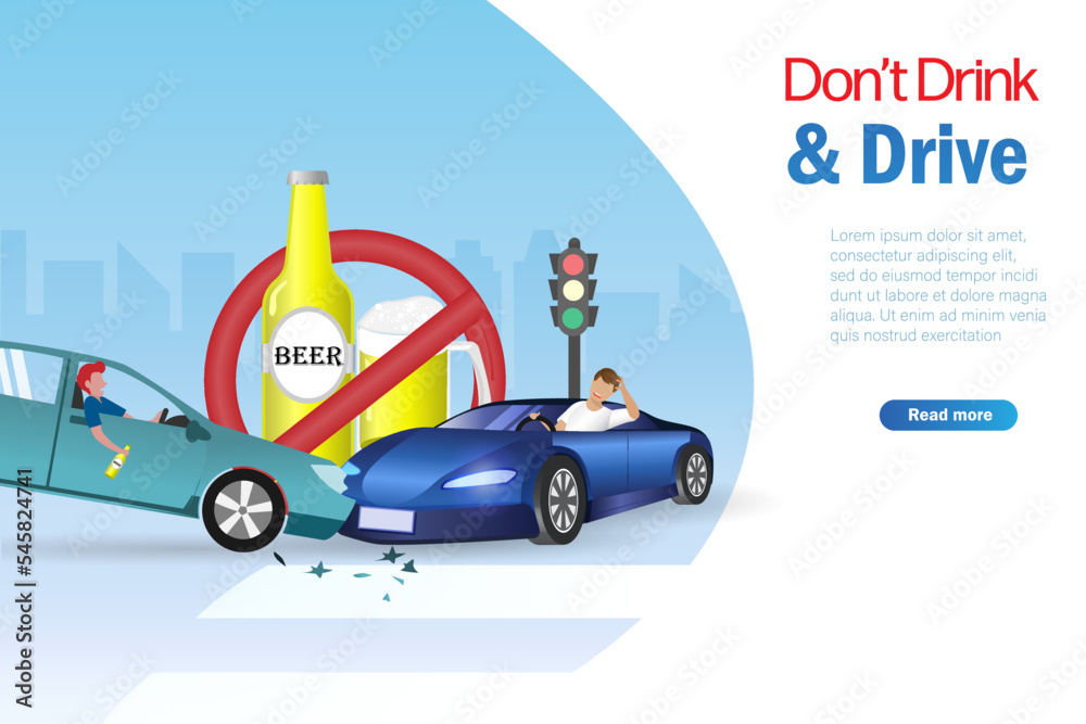 Naklejka premium Don't drink and drive, careless driving concept. Car accident crashing on street caused by drunk man. 