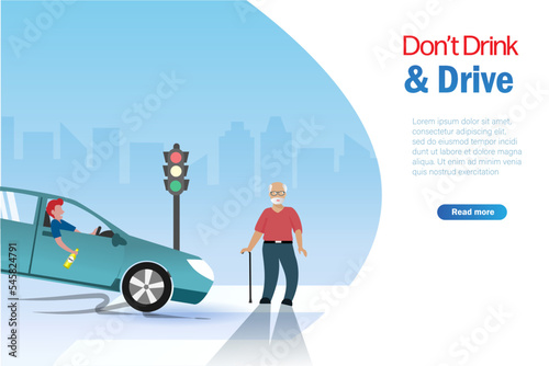 Drink and drive caused street accident to death. Drunk driver driving car hit pedestrian old man on street at traffic light. Don't drink and drive, careless driving concept.