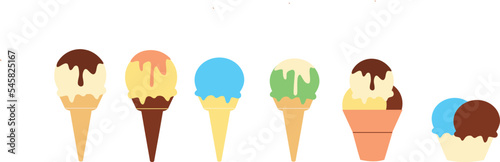 Vector illustration set of ice cream waffle cone, different tastes. 