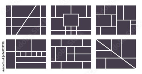 Photo collage template, empty black mockup for photo montage. Photo frame collection or moodboard, mosaic pictures gallery for presentation, vector illustration