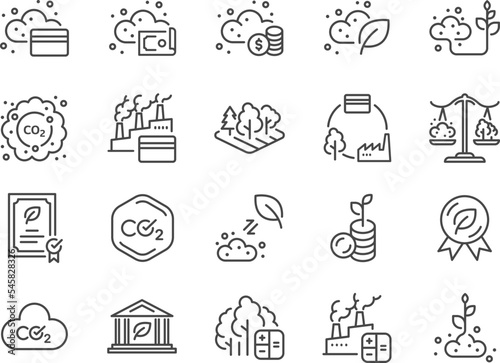 Carbon credit icon set. The icons included carbon offsets, pollution, eco, environment, carbon dioxide, and more.