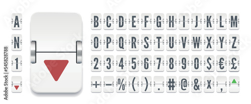 Analog terminal scoreboard font to display finance information vector illustration. White airport flip board mechanical alphabet with numbers and symbols for flight destination or stock exchange rates