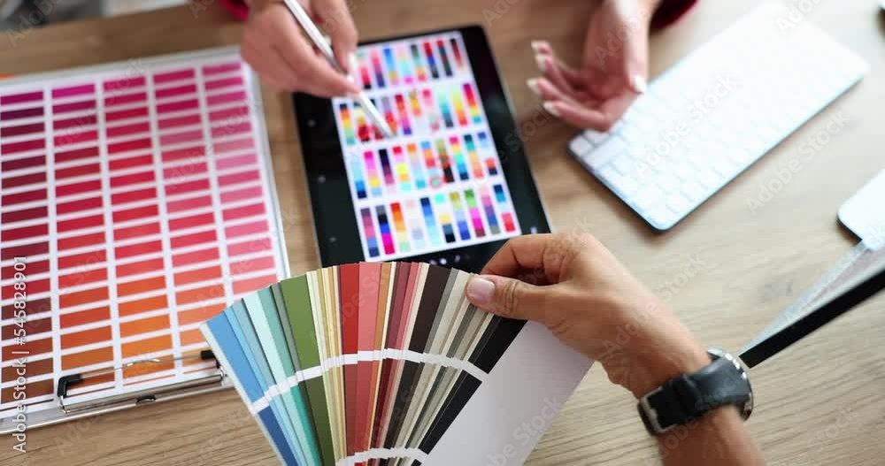 Designer and customer selects color swatch in color palette and on tablet