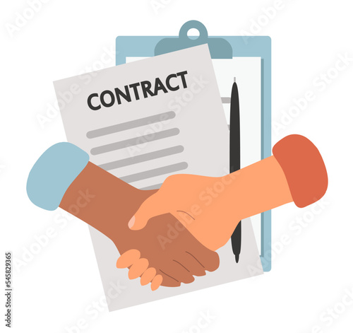 vector illustration in a flat style on the theme of partnership in business, the conclusion of an agreement. handshake and contract