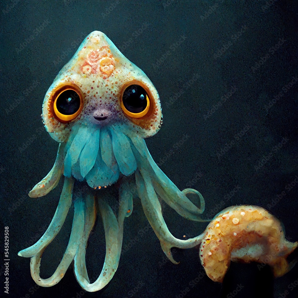 Create a cute, 3D digital art suitable as a website background. The design  should feature a cute, fluffy squid mascot engaged in mobile gaming,  incorporating elements of video games. The image should