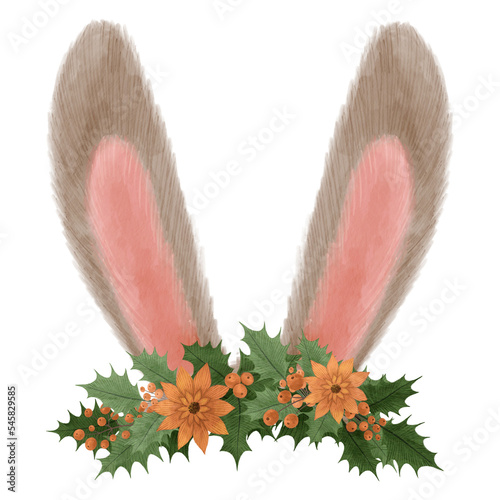 Rabbit ears with a Christmas wreath of flowers. The image of cute rabbit ears in watercolor style. Isolated clipart element.