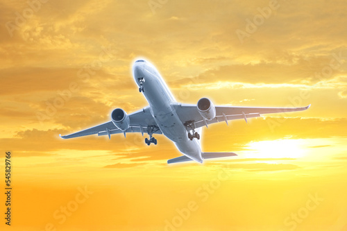passenger plane flying and travel to the specified destination Flying during the sunset transportation concept © Photo Sesaon