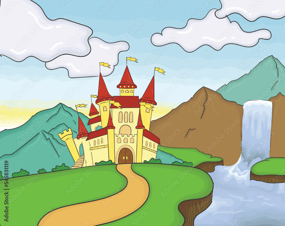 castle in the mountains and waterfall