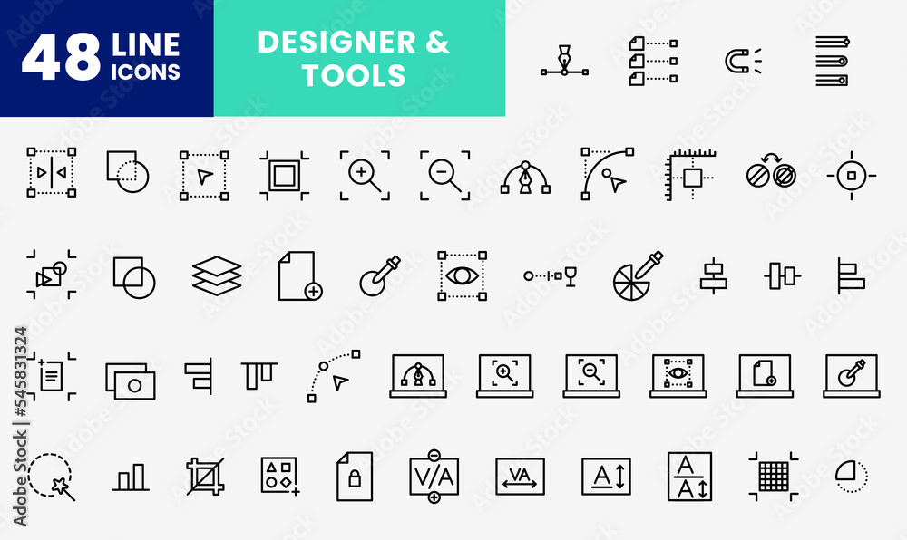 icon line pack about designer tools, pen tool, zoom, laptop, curved ...