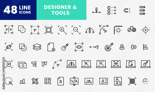 icon line pack about designer tools, pen tool, zoom, laptop, curved, line and more. editable color, outline icon style.