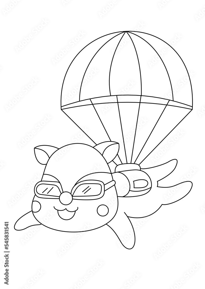 Fototapeta premium fox skydiving with parachute coloring page or book for kid vector
