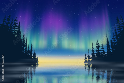Aurora borealis reflected in water, winter holiday illustration, northern nature