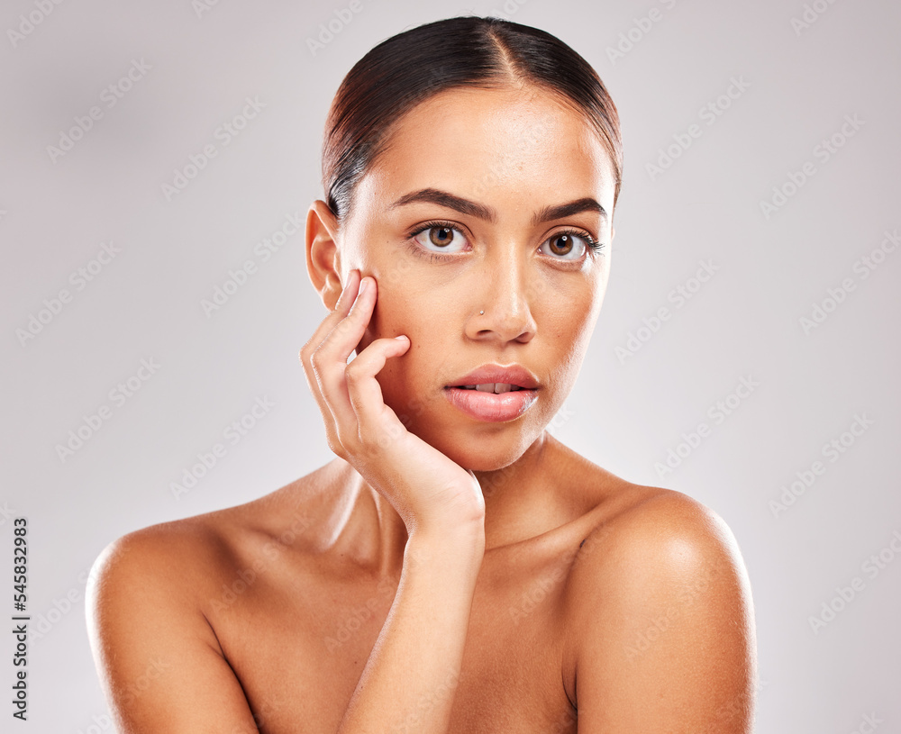 Beauty, skincare and health with portrait of woman for cosmetics, wellness and facial. Makeup, product and luxury with girl model for spa, glowing and cosmetology against gray background studio Beauty, skincare and health with portrait of woman for cosmetics, wellness and facial. Makeup, product and luxury with girl model for spa, glowing and cosmetology against gray background studio