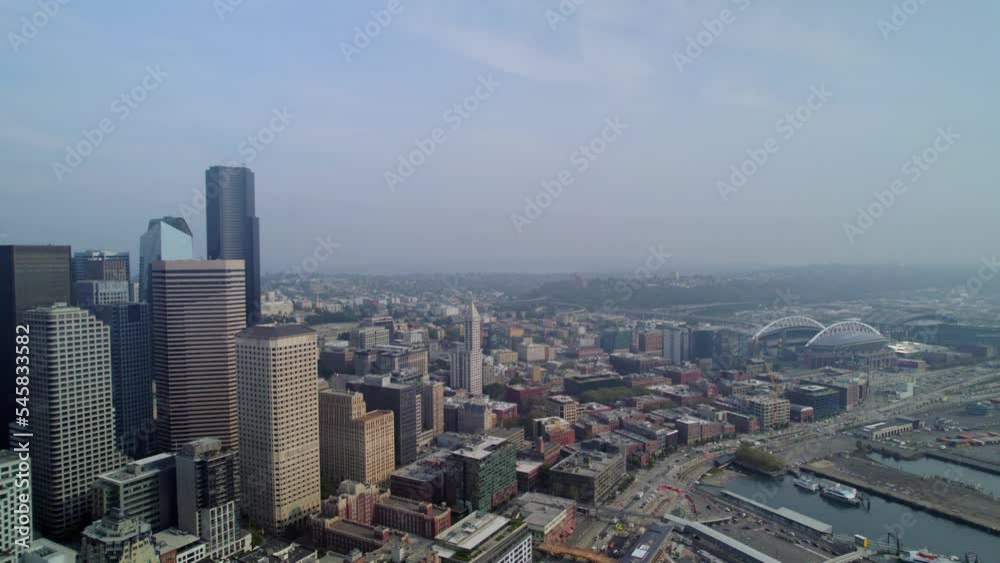 Aerial view of Seattle city downtown in Washington state. Skyscrapers of Seattle from dronee view. Aerial view of Seattle city downtown in Washington state. Skyscrapers of Seattle from dronee view.